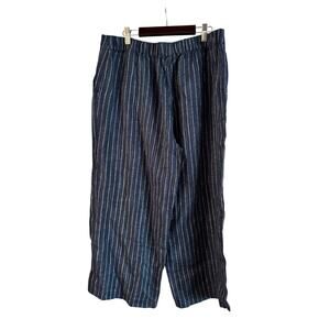 Eileen Fisher Organic Linen Navy Striped Wide Leg Size PM Pockets Pull On Pants